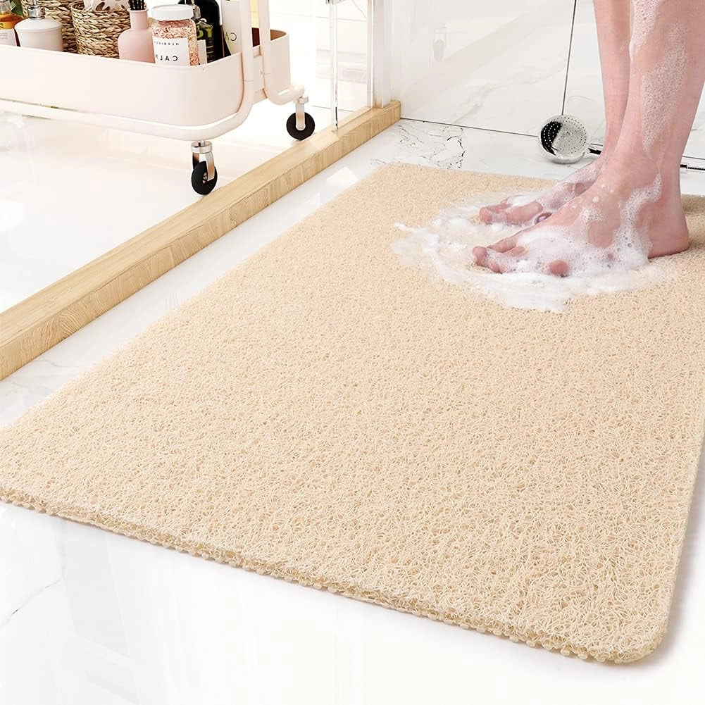 Yellow extra-large non-slip quick-dry microfiber bathroom mat on a hardwood floor.
