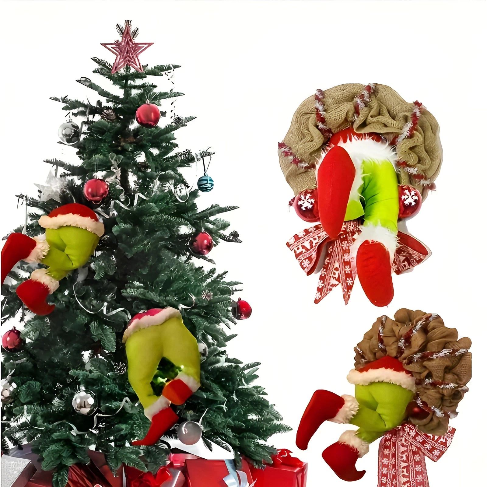 Grinch Wreath - Burlap Santa Door Decor, Whimsical Xmas Ornament