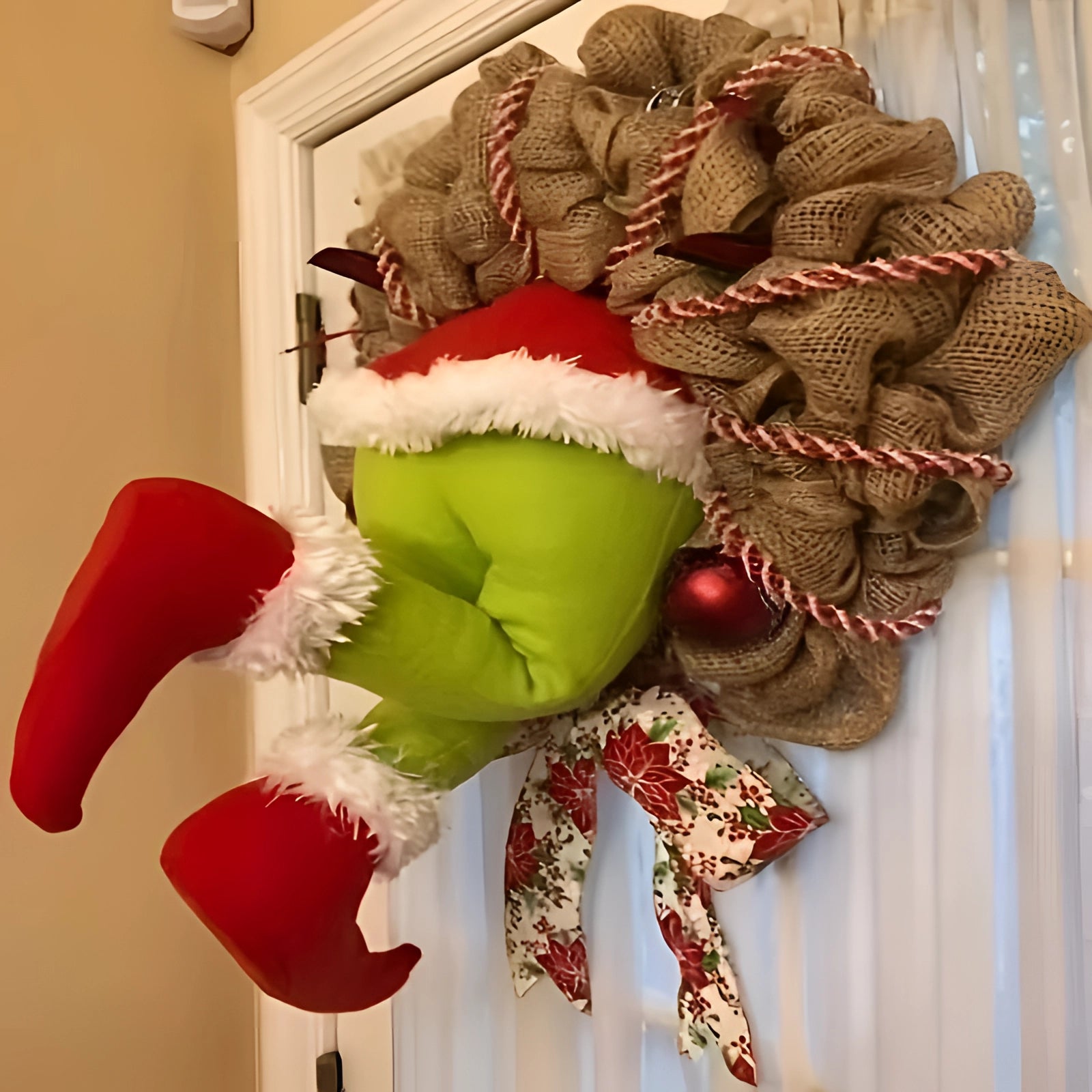 Grinch Wreath - Burlap Santa Door Decor, Whimsical Xmas Ornament