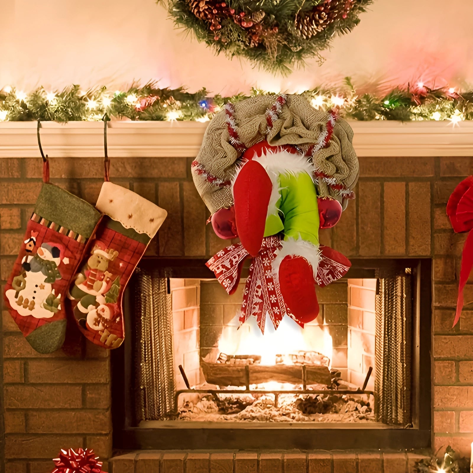 Grinch Wreath - Burlap Santa Door Decor, Whimsical Xmas Ornament