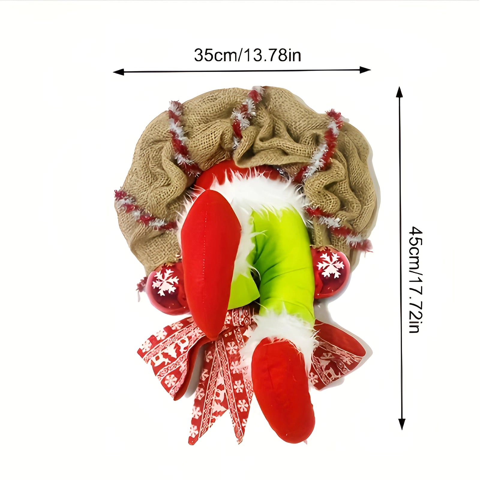 Grinch Wreath - Burlap Santa Door Decor, Whimsical Xmas Ornament