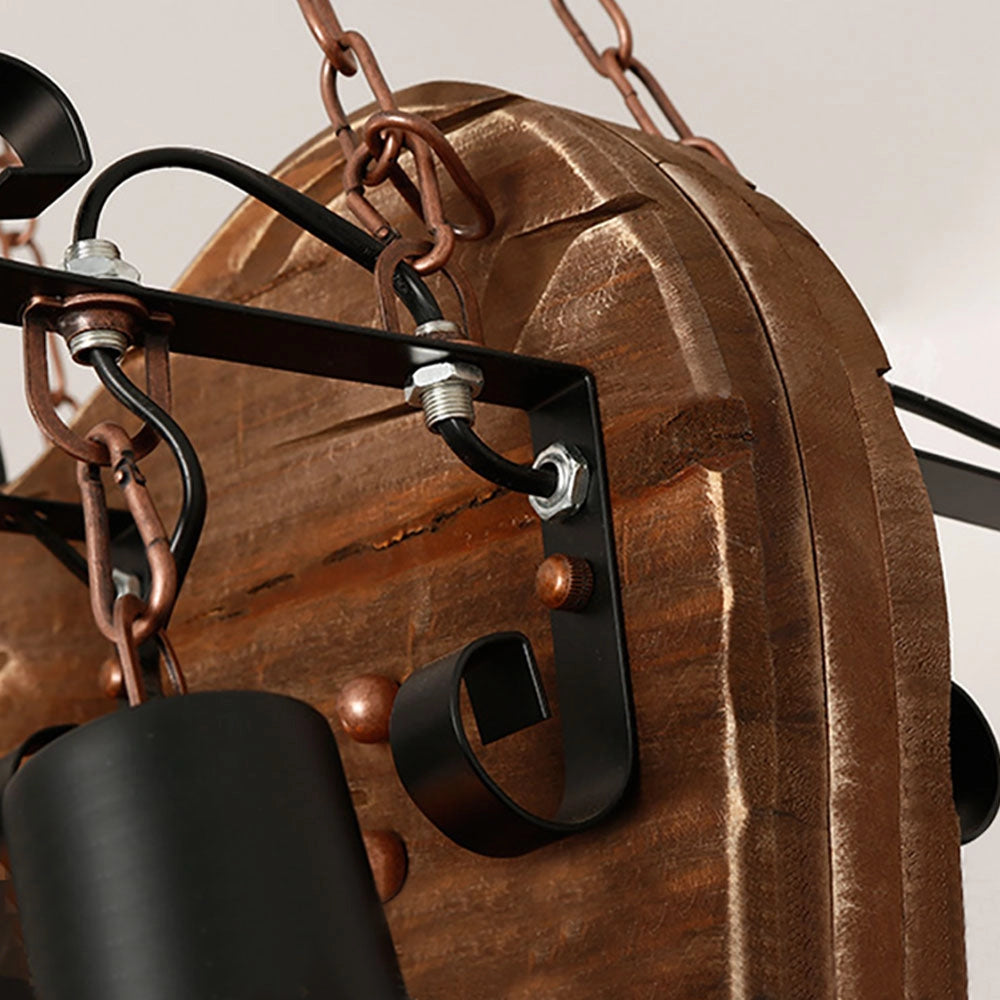 A vintage music-themed chandelier lamp designed in the shape of a guitar, featuring a combination of wood and metal elements with a brown finish.