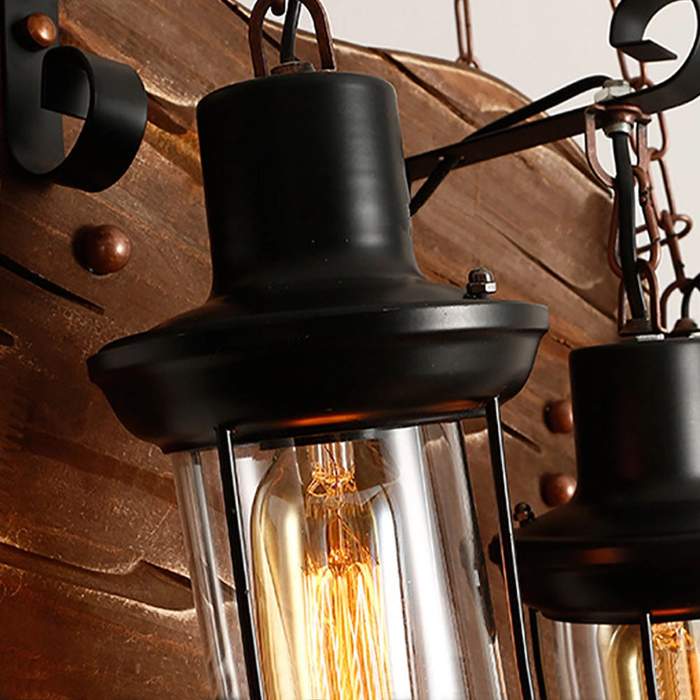Guitar-shaped pendant light with a vintage music theme, featuring a metal and wood design and a chandelier-style light fixture.