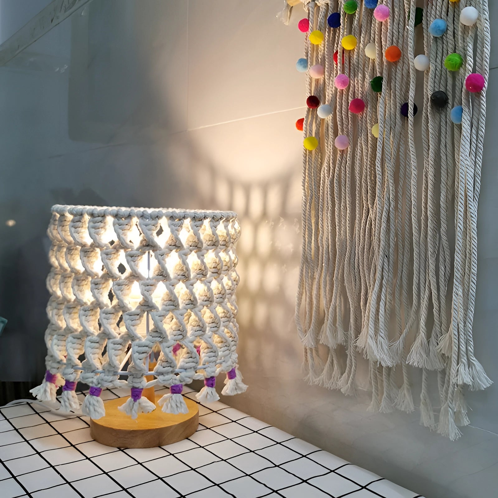 Handmade boho macrame lampshade with intricate tassel design, featuring a pattern of woven lines, creating a unique artistic decor piece for lighting.