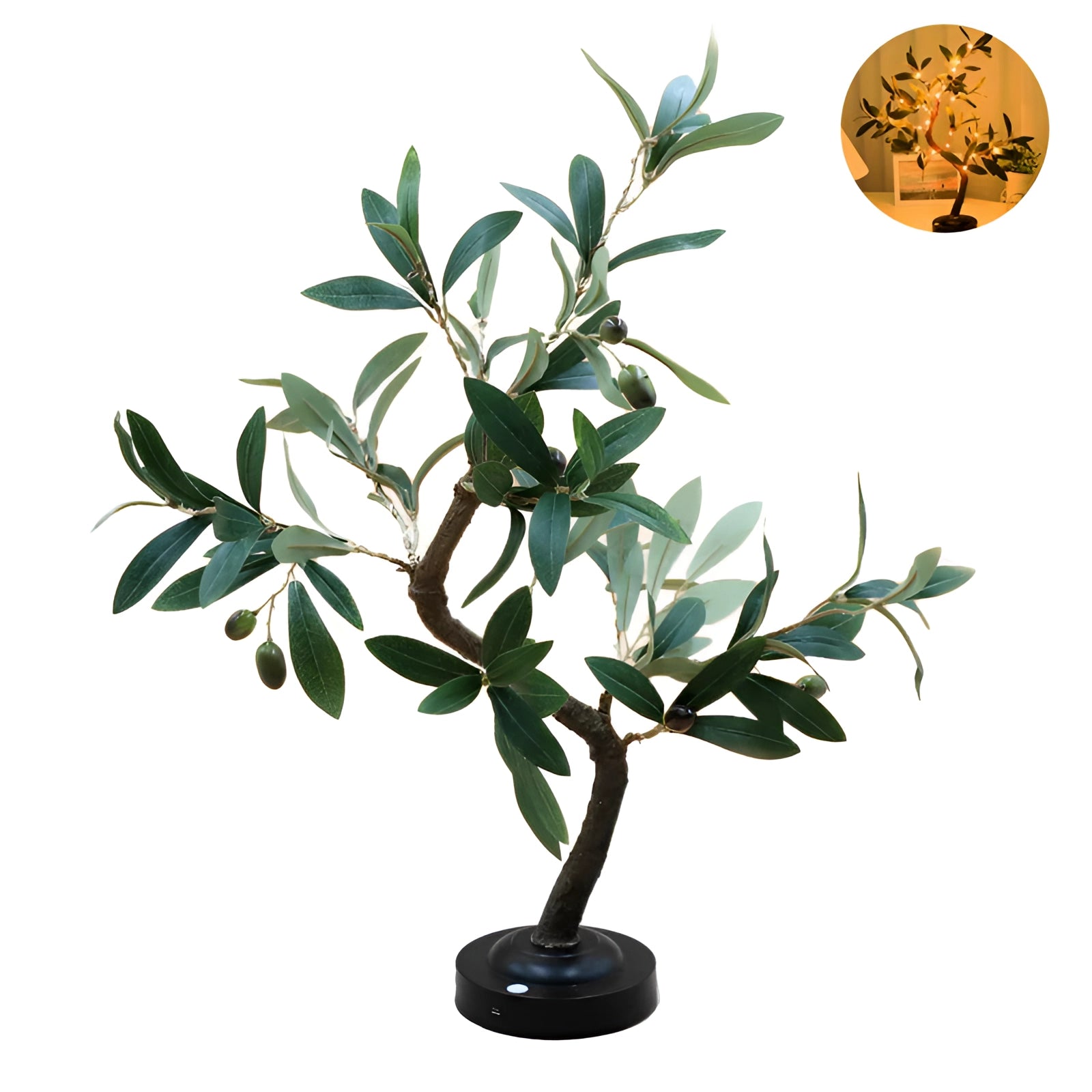 Decorative olive tree lamp with LED lights featuring realistic green leaves and branches in a stylish flowerpot, ideal for indoor home decoration.