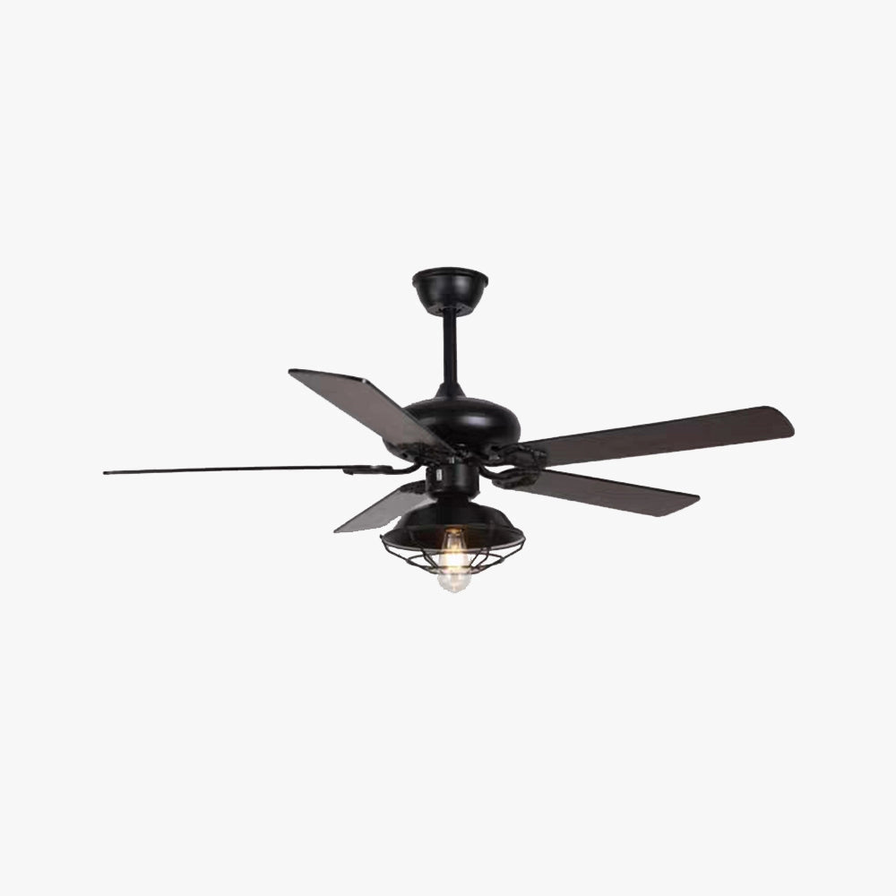 Industrial black ceiling fan with light and remote, showcasing an outdoor vintage design with metal blades reminiscent of aircraft propellers.