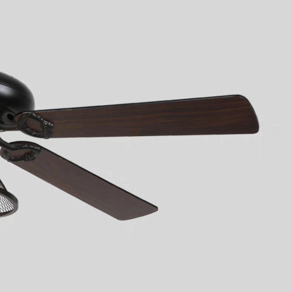 Industrial black ceiling fan with integrated light and remote, featuring a vintage outdoor design with metal components and a circular shape.