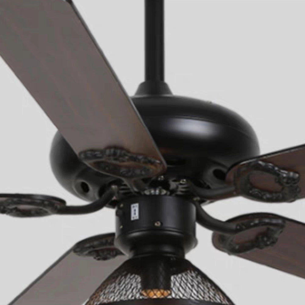 Industrial black ceiling fan with light and remote, showcasing an outdoor vintage design with metal components and a circular propeller shape.