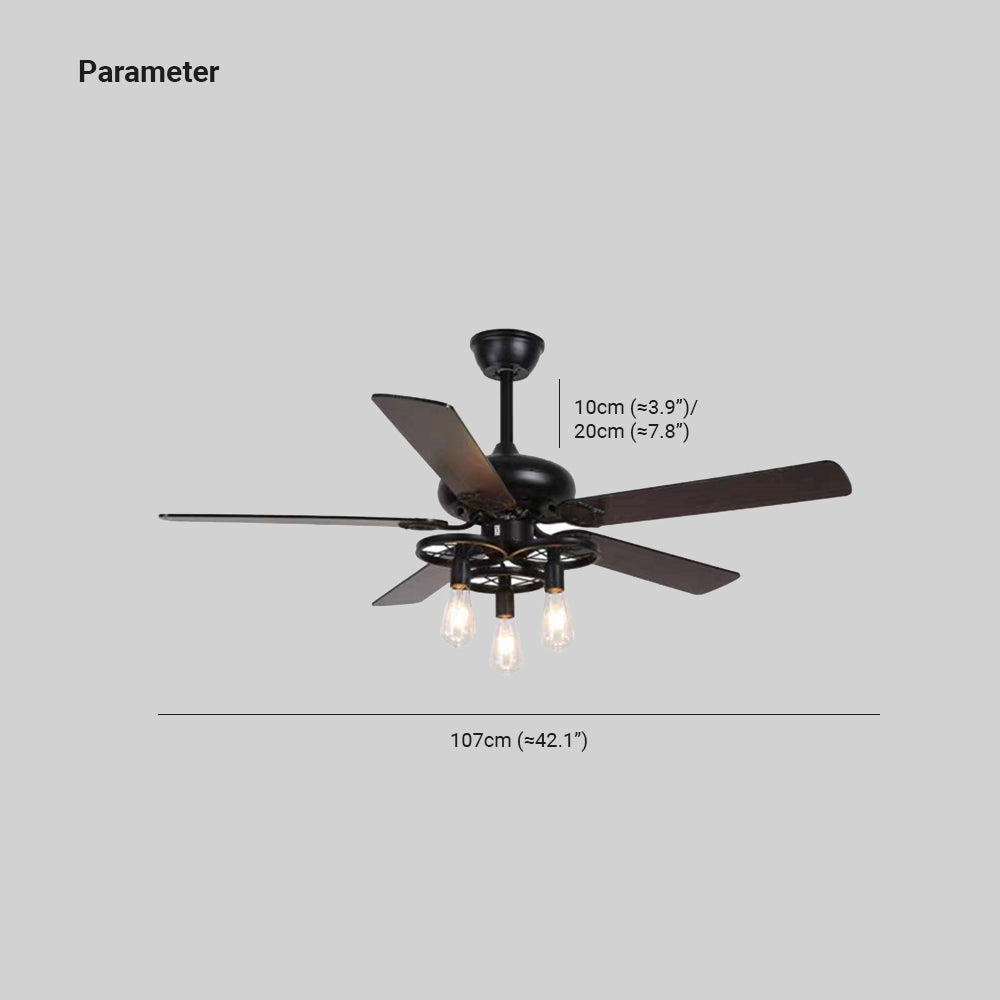Industrial black ceiling fan with light and remote, featuring a vintage outdoor design and propeller-style blades.
