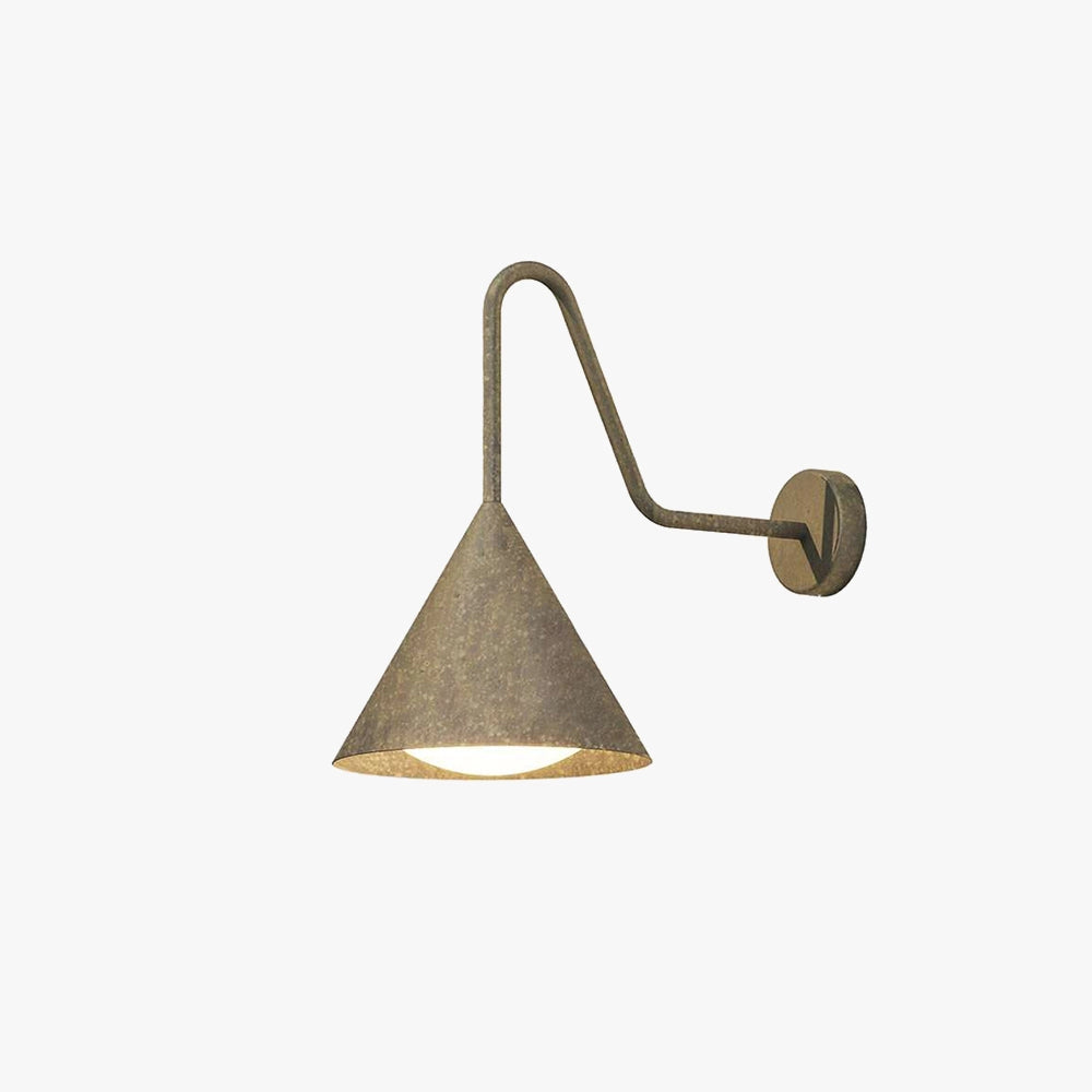 Industrial cone wall lamp with a brass finish mounted on a wooden surface. The lamp features a waterproof design suitable for outdoor use.