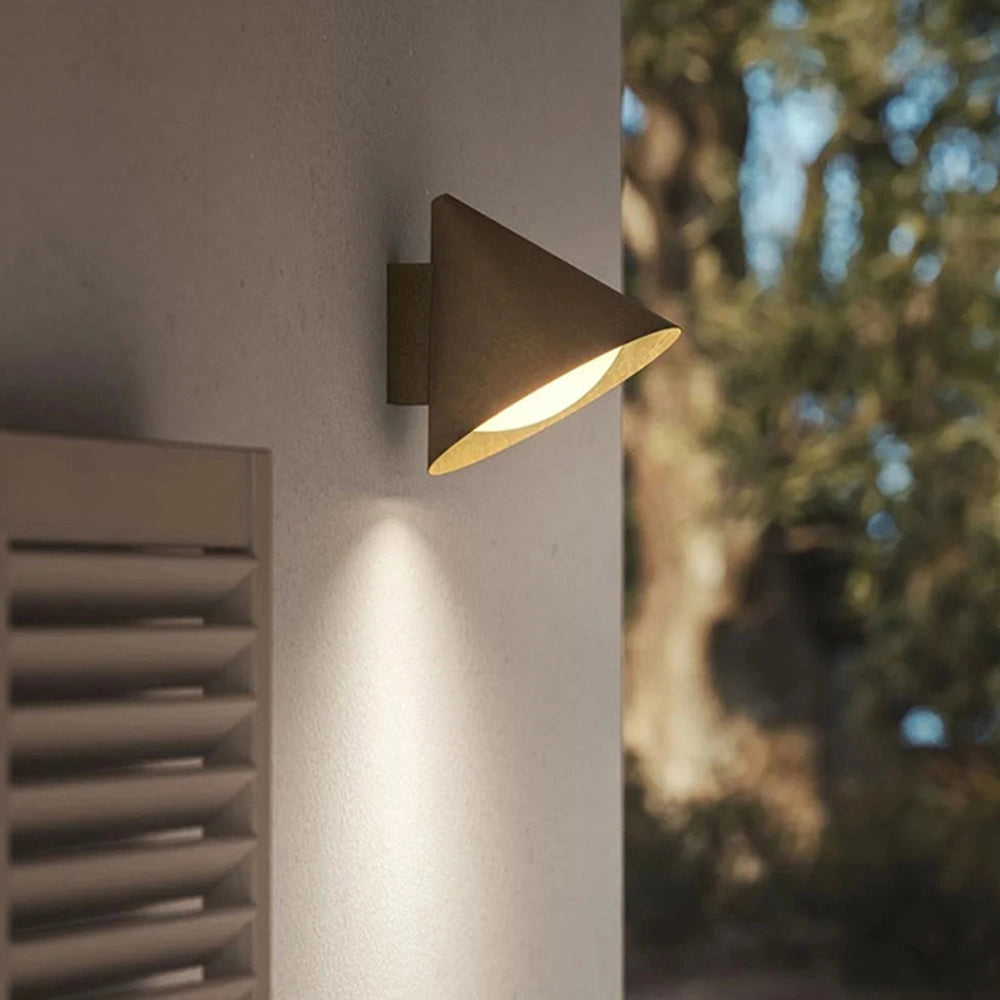 Industrial cone wall lamp with a brass finish, featuring a waterproof sconce design and a gold color variant, measuring 9.5 inches in height. The lamp is mounted on a rectangular wooden backplate and has a metal cone shade.