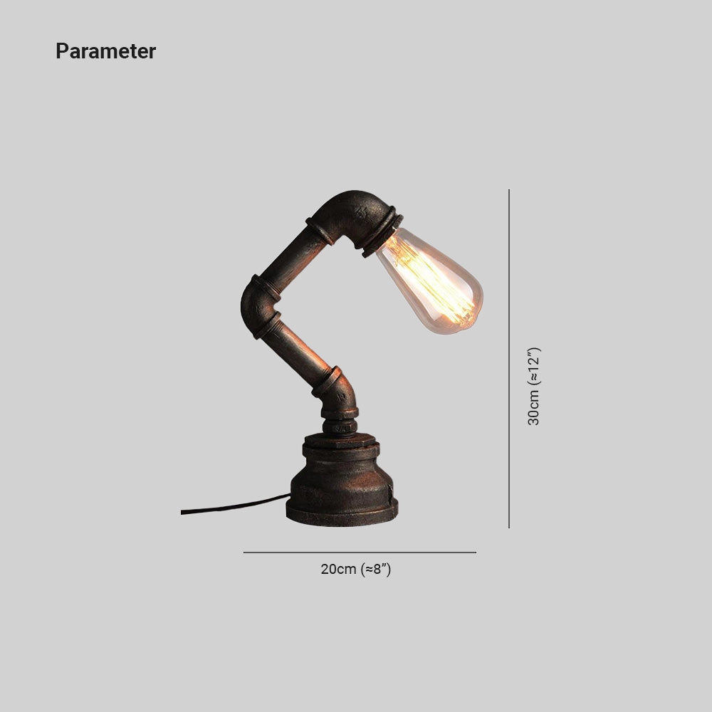 Vintage-style table lamp with an industrial Edison bulb, featuring a unique pipe design and metallic finish.