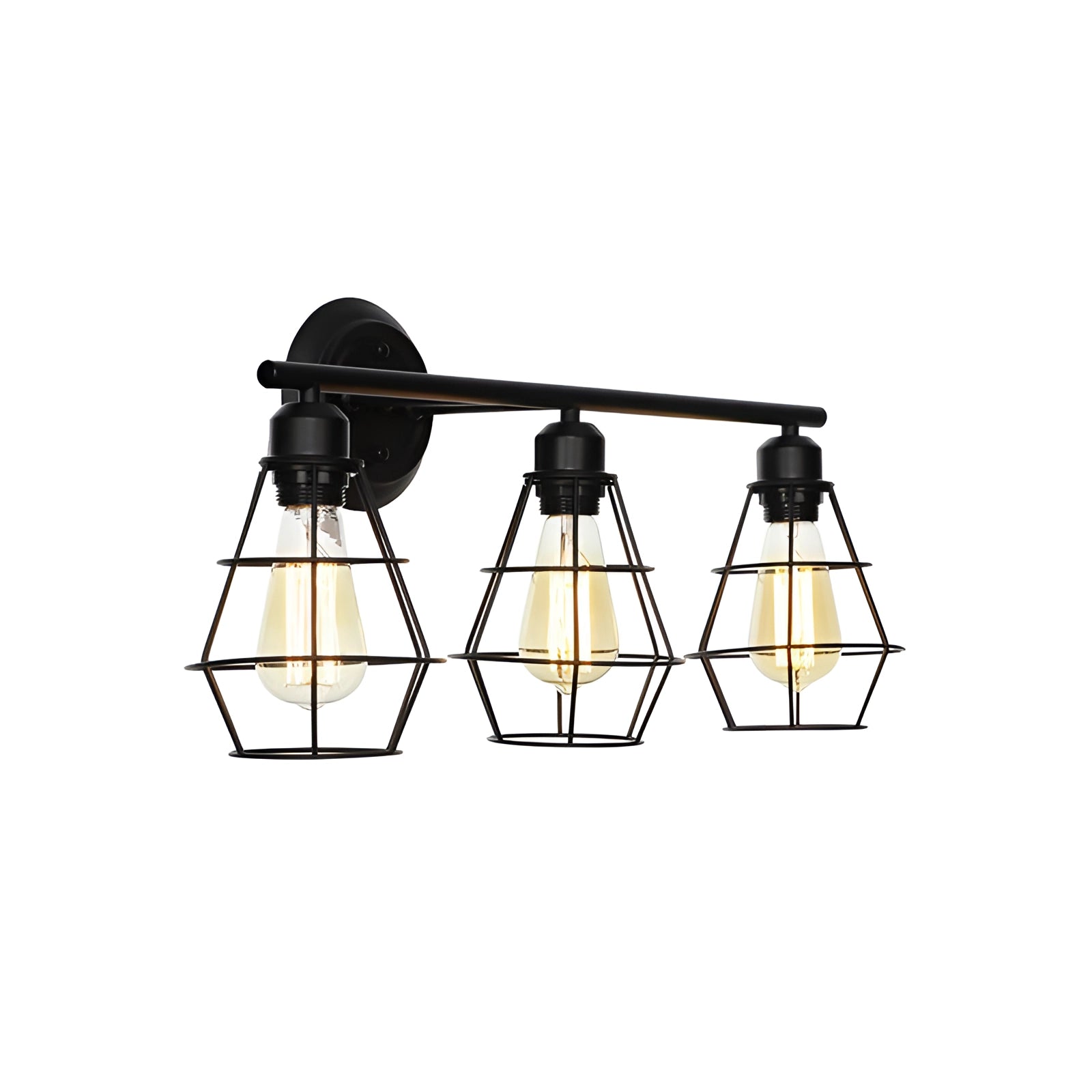 Industrial geometric metal cage pendant light featuring an Edison bulb fixture. The design includes a triangular metal cage structure, adding a modern and stylish touch to any interior space. The light is suspended, showcasing its intricate metalwork and providing ambient lighting.