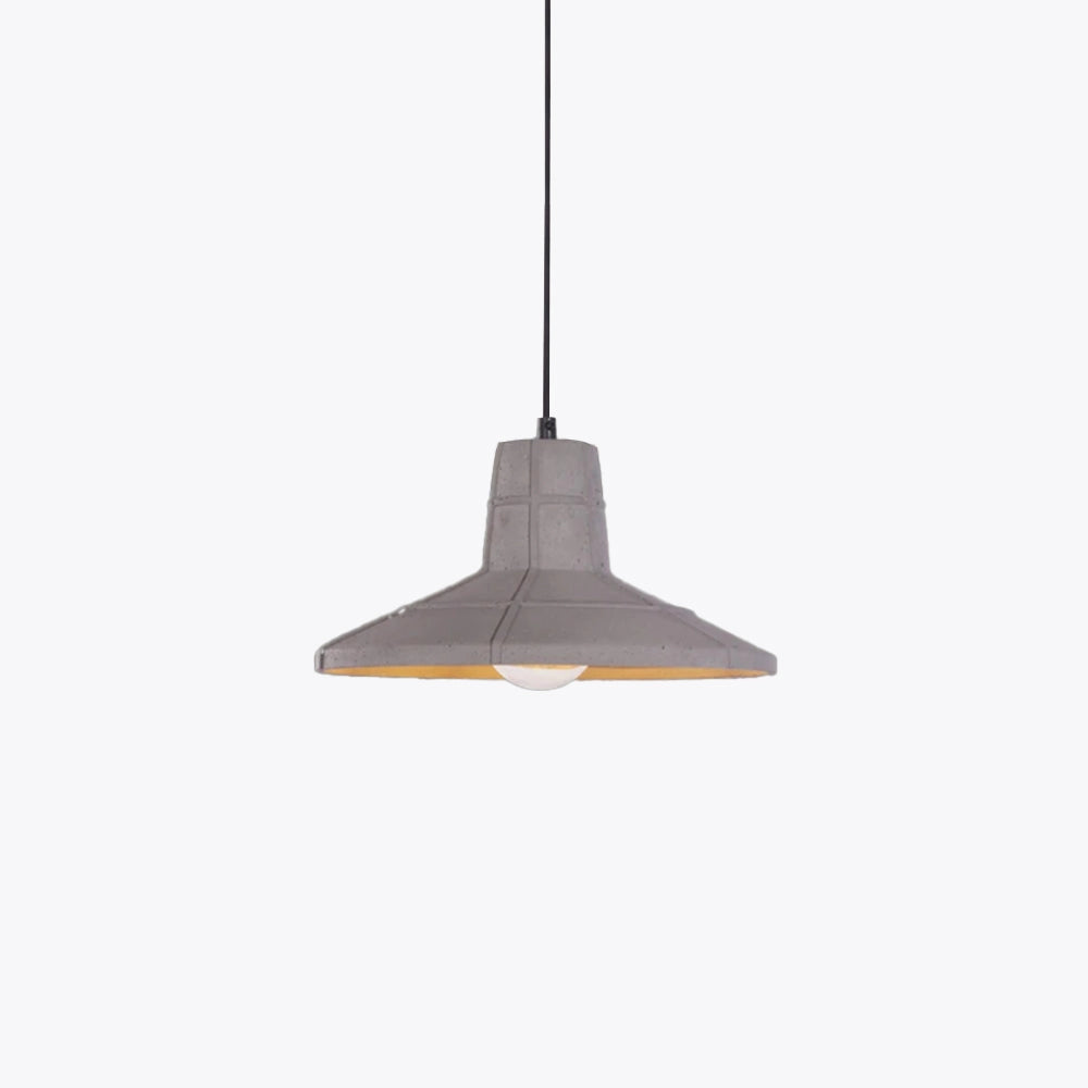 Industrial gray concrete pendant light featuring a minimalist design, with a cone-shaped shade suspended from the ceiling, incorporating metal and wood elements for an urban aesthetic.