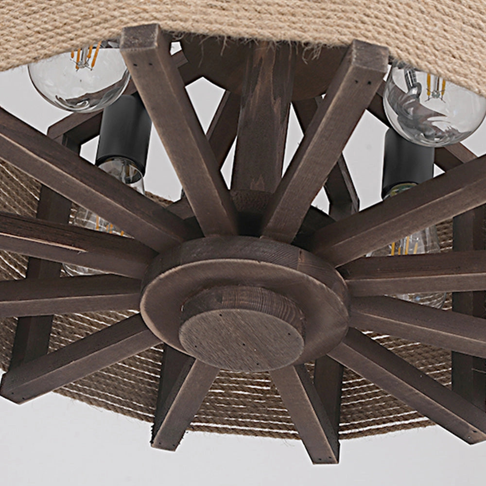 Industrial rustic metal and wood pendant light featuring a circular wheel-like design, combining wood and metal elements in a symmetrical pattern, resembling a farmhouse chandelier style.