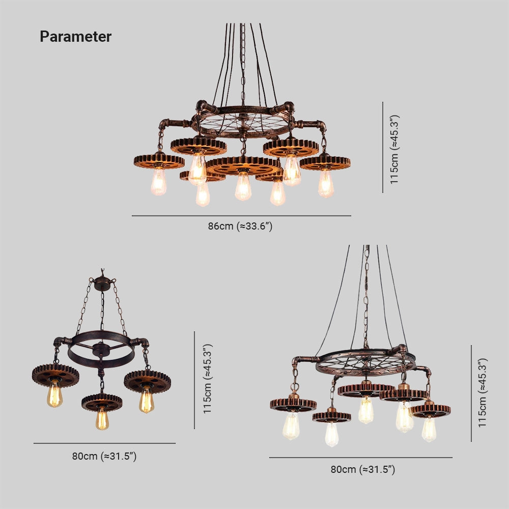 Industrial steampunk chandelier featuring a vintage gear design with three exposed Edison bulbs, showcasing intricate metalwork and mechanical aesthetics.