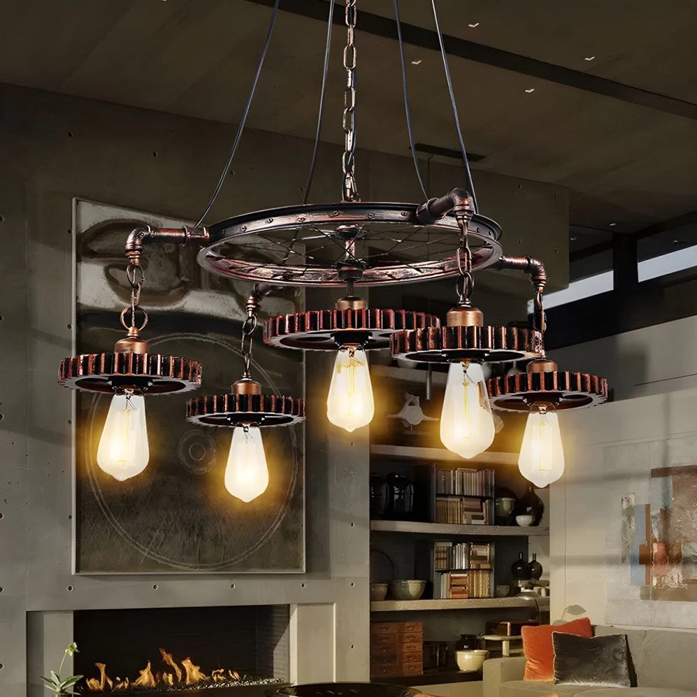 Industrial steampunk chandelier featuring a vintage gear design with three exposed Edison bulbs, hanging from the ceiling as a striking metallic fixture that adds a unique touch to interior design.