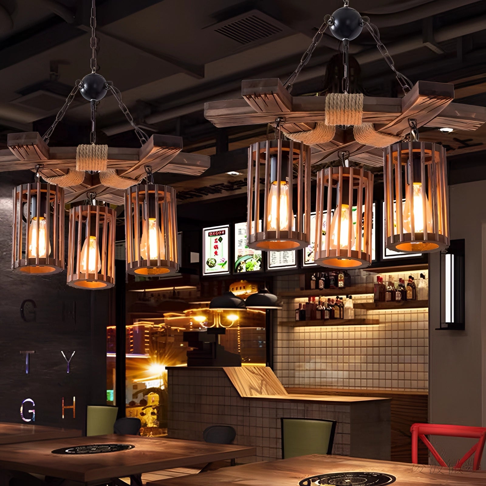 Industrial vintage cage pendant light featuring a rustic wood beam chandelier suspended from the ceiling, enhancing the interior design with its decorative elements.