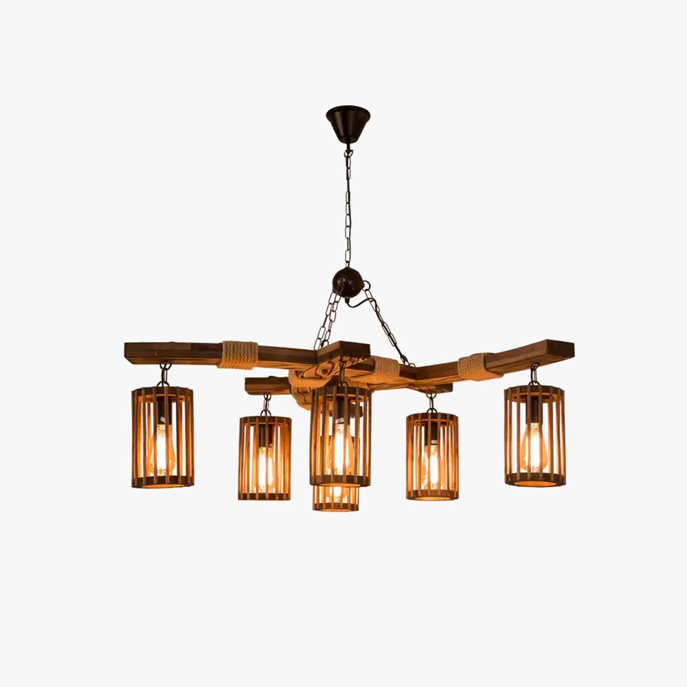 Industrial vintage cage pendant light with rustic wood beam chandelier design, featuring a rectangular structure and artistic elements in a building interior setting.