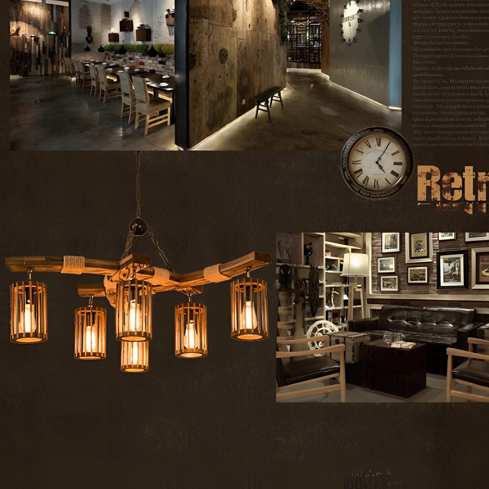 Industrial vintage cage pendant light with a rustic wood beam chandelier design, featuring multiple bulbs in a metal cage structure, enhancing the classic and rustic interior decor of a room.
