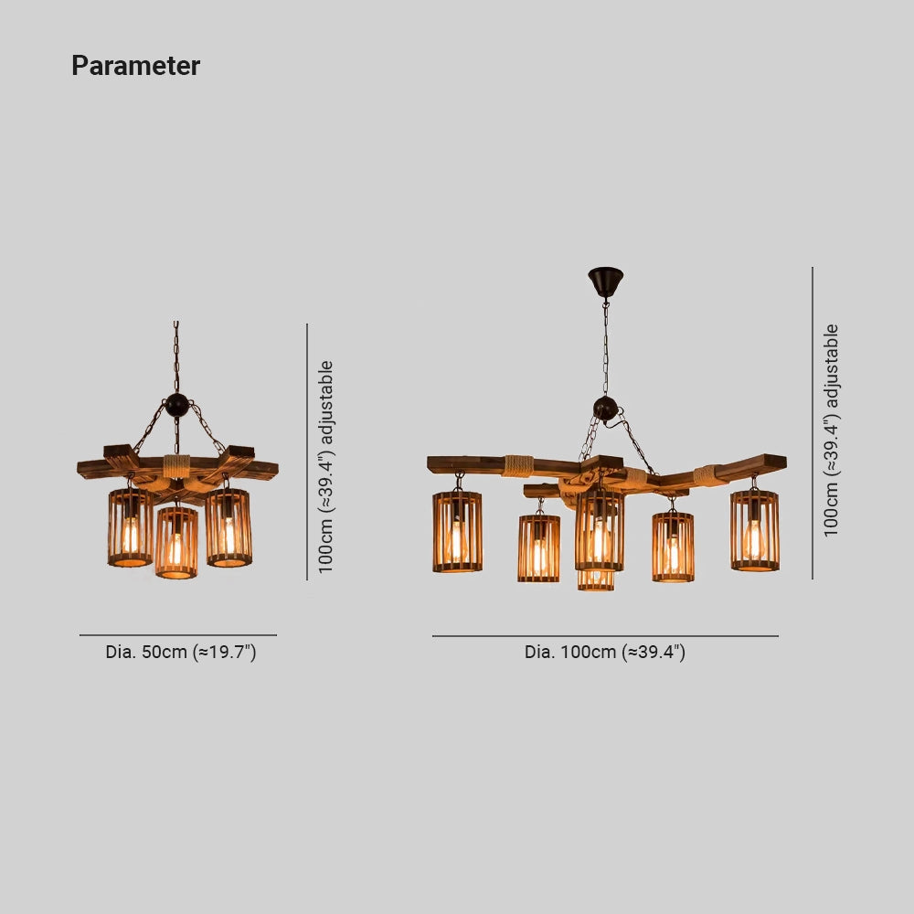 Industrial vintage cage pendant light with rustic wood beam, featuring a unique design that combines metal cage shades and a wooden beam for a retro and elegant look, suitable for dining rooms and kitchens.