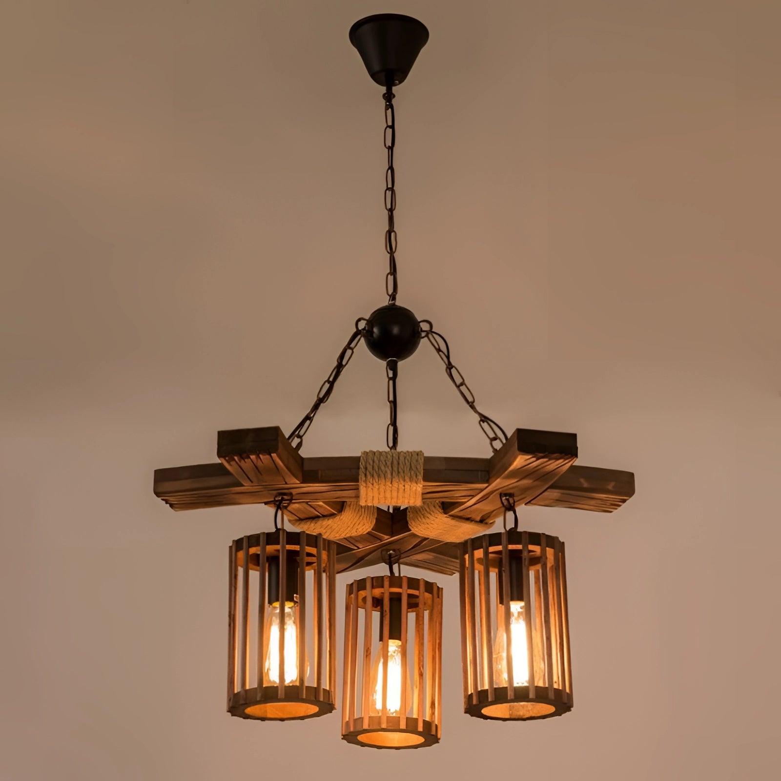 Industrial vintage cage pendant light featuring a rustic wood beam chandelier design with amber lighting, metal accents, and symmetrical arrangement, ideal for ceiling fixtures.