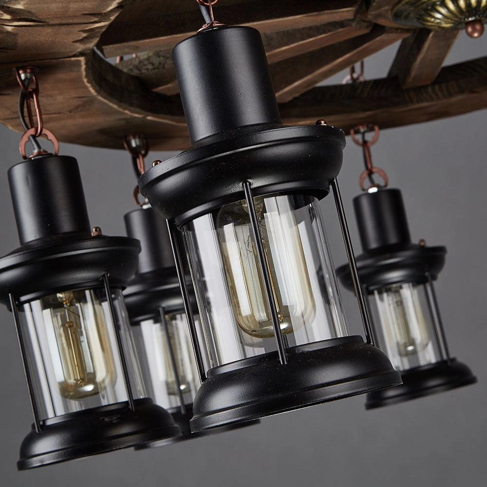Industrial vintage pendant light featuring a rustic wood finish with an Edison bulb chandelier design, showcasing a metal structure and industrial elements.
