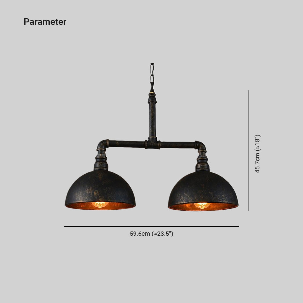 Industrial vintage pipe dual dome black metal pendant light with a bold and stylish design, featuring two dome-shaped metal shades and a pipe structure, suitable for adding a touch of vintage charm to any setting.