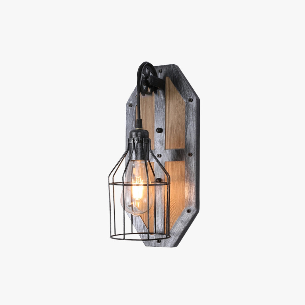 Industrial vintage pulley wall lamp with a rustic wood backplate and metal sconce design featuring a rectangular shape, showcasing a harmonious blend of wood and metal elements.