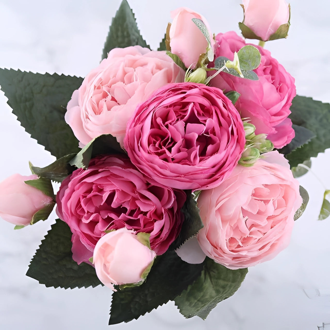Ivory Peony Silk Floral Set in Dark Pink featuring realistic artificial flowers including peonies and hybrid tea roses, arranged elegantly in a bouquet suitable for luxury weddings and special occasions.