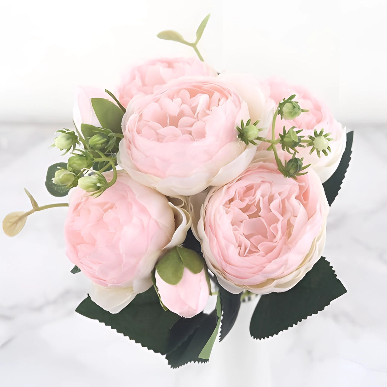 Ivory peony silk floral set featuring elegant ivory peonies and pink hybrid tea roses, designed for luxury weddings and special occasions. The artificial flowers are expertly arranged, showcasing a creative blend of petals resembling real garden roses.