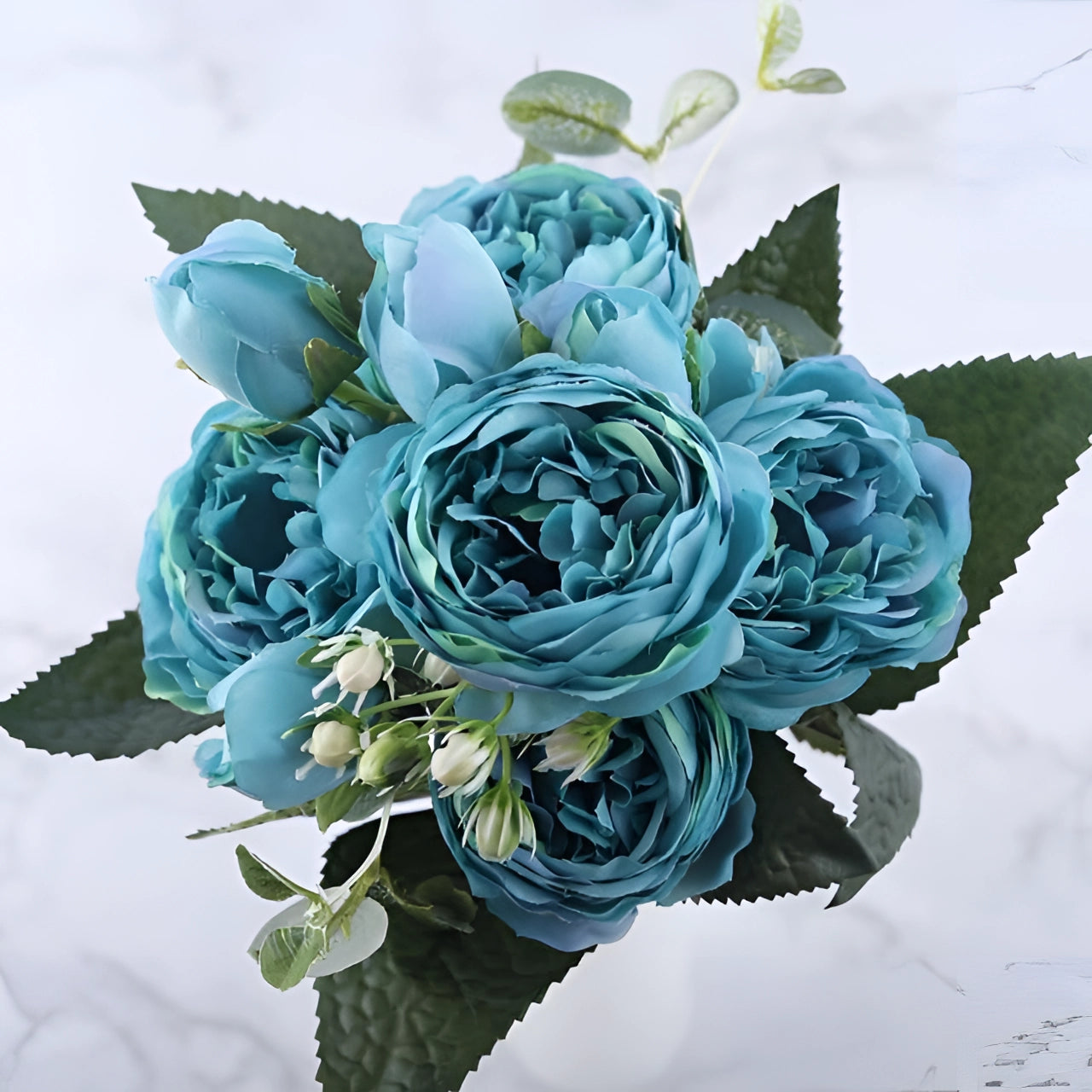 Ivory peony silk floral set with sky blue accents, featuring realistic flowers and petals in a beautifully arranged bouquet, ideal for weddings and special occasions.
