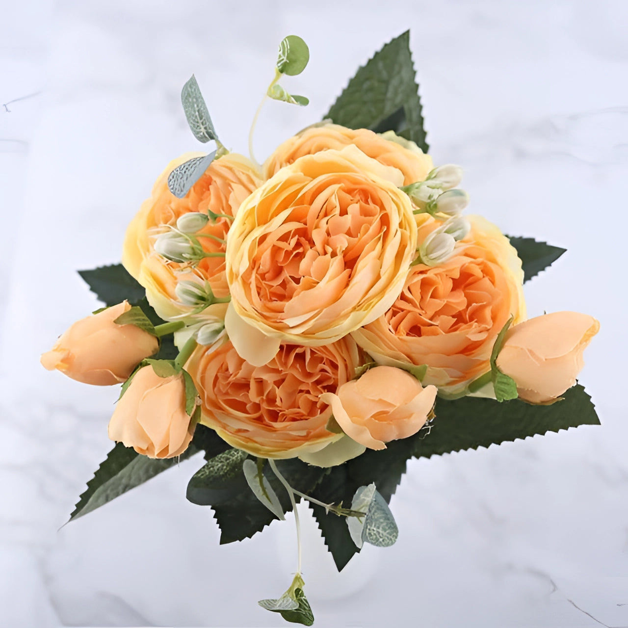 Ivory Peony Silk Floral Set in a coral variant featuring realistic artificial flowers including peonies and hybrid tea roses with vibrant orange and ivory petals, arranged beautifully for luxury wedding or special occasion decor.