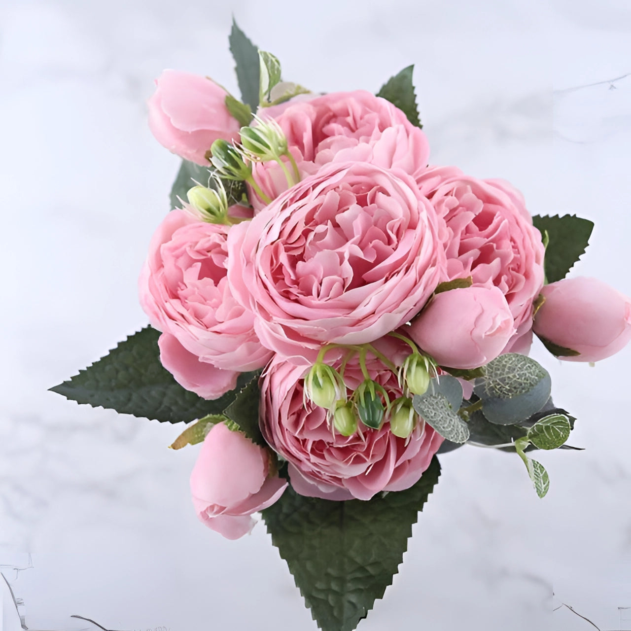 Ivory Peony Silk Floral Set in Pink featuring realistic artificial flowers including hybrid tea roses and peonies, arranged in a luxurious bouquet ideal for weddings and special occasions.