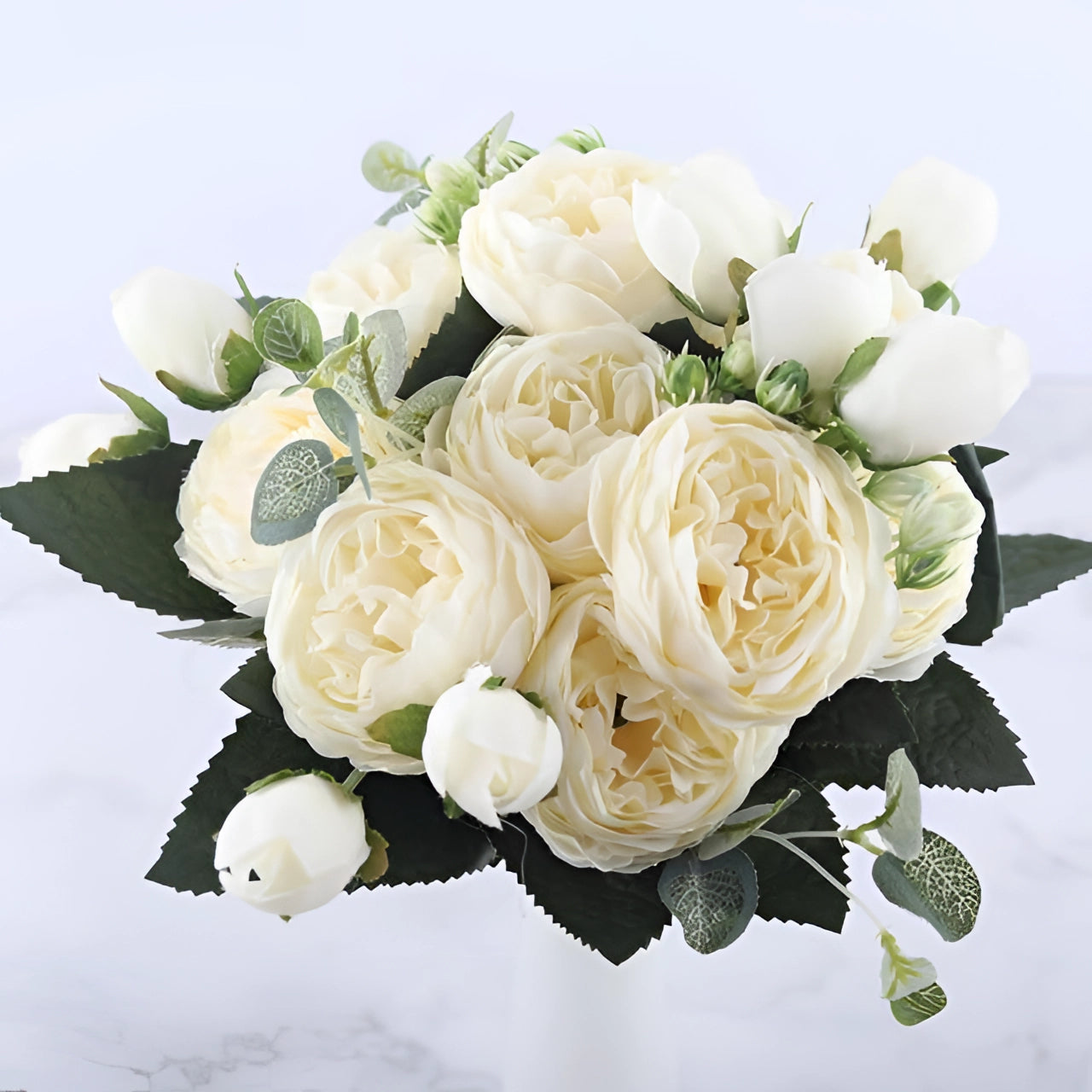 Ivory Peony Silk Floral Set featuring elegantly arranged artificial white peonies and roses designed for weddings and special occasions.