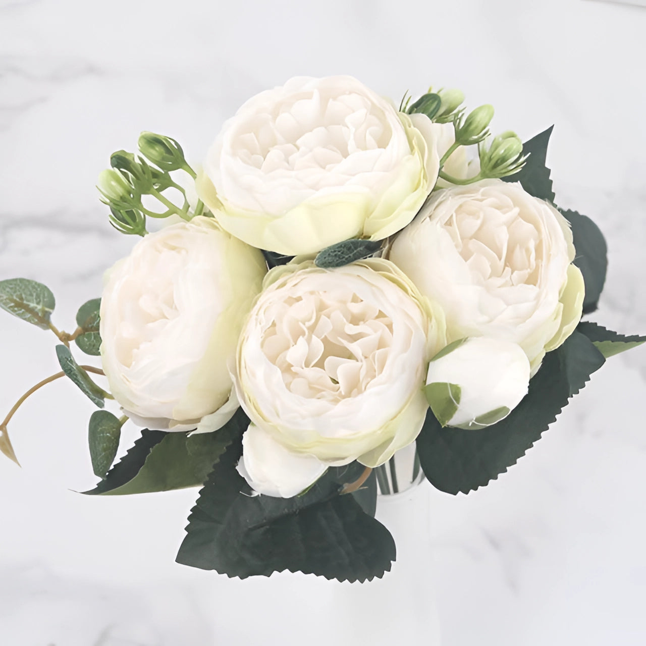Ivory and white silk peony and rose floral arrangement set designed for weddings and special occasions, featuring artificial flowers with delicate petals and a luxurious appearance.