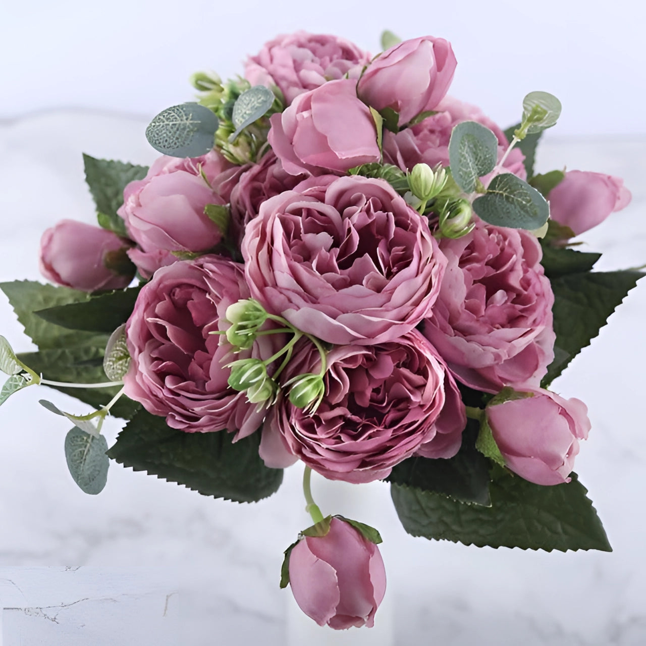 Ivory and plum silk peony floral set featuring artificial flowers with purple and pink petals, ideal for luxury weddings and special occasions.