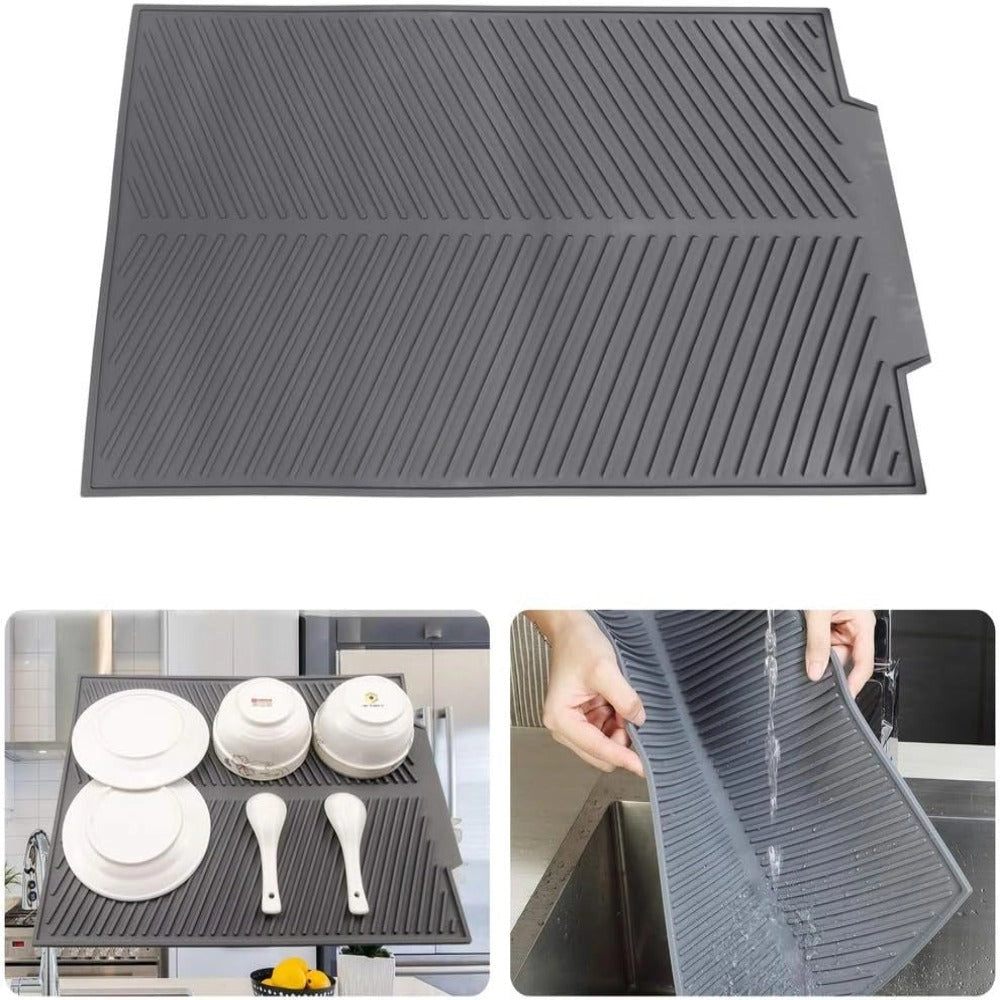 Large Grey Silicone Non-Slip Dish Drying Mat, Heat-Resistant, Dishwasher Safe
