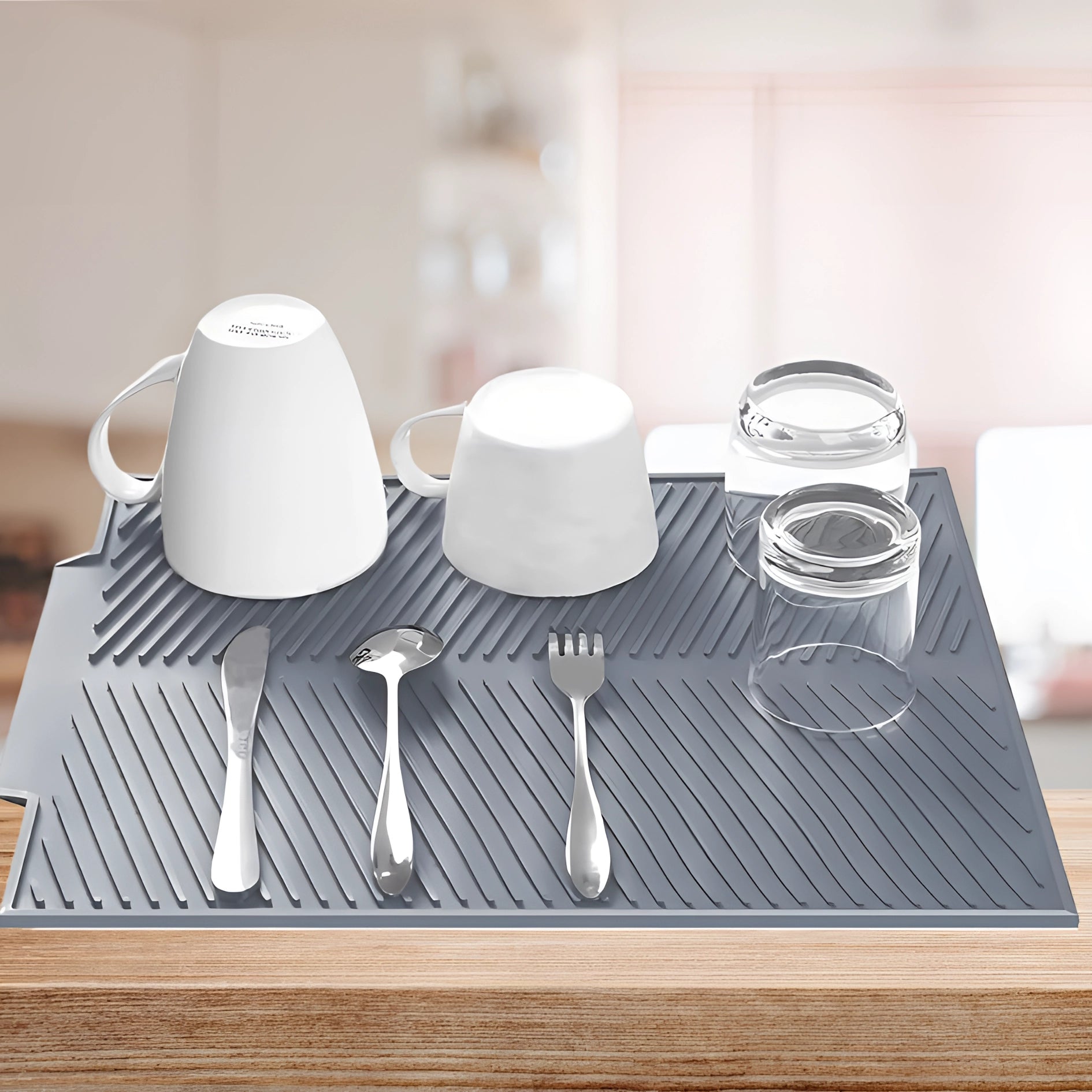 Large Grey Silicone Non-Slip Dish Drying Mat, Heat-Resistant, Dishwasher Safe
