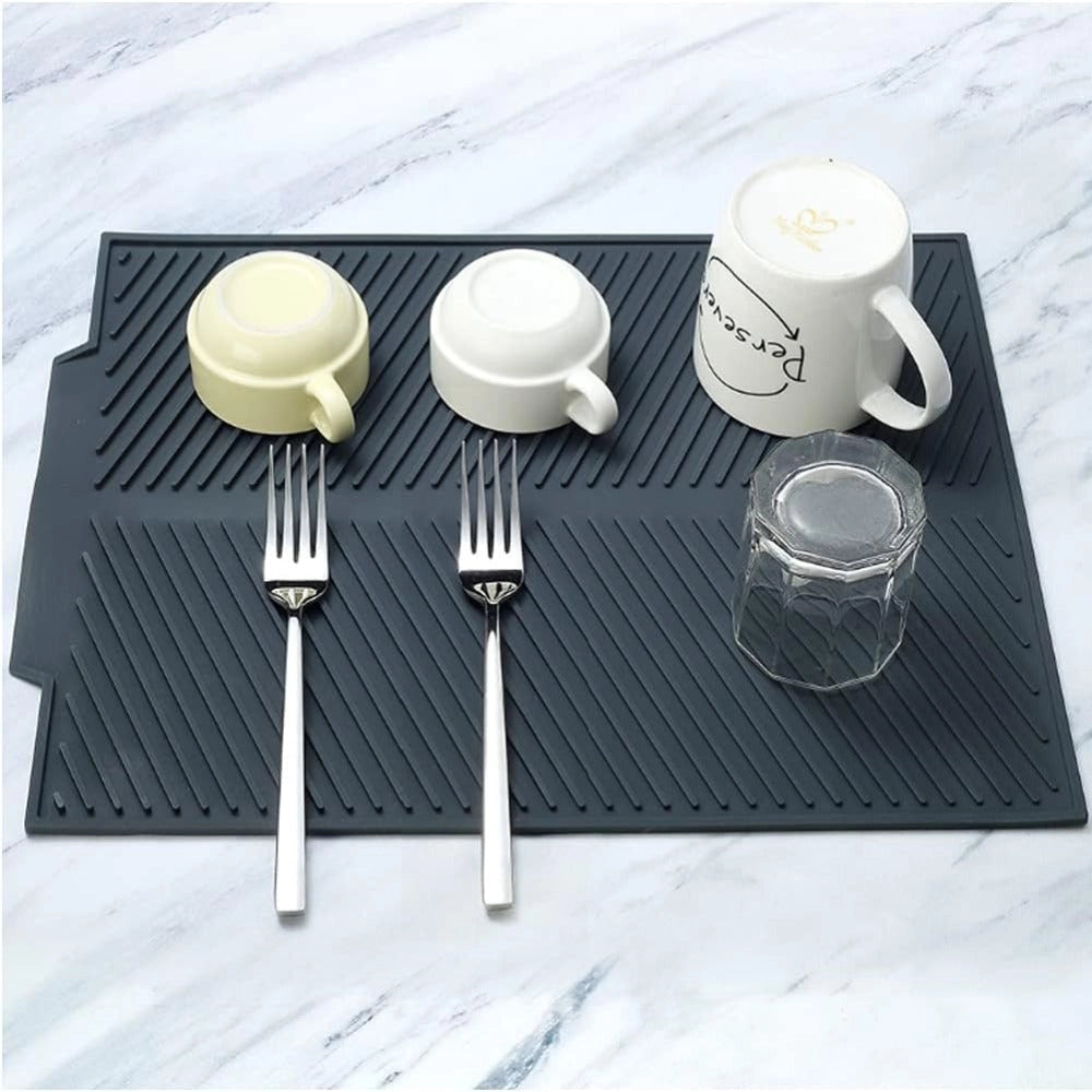 Large Grey Silicone Non-Slip Dish Drying Mat, Heat-Resistant, Dishwasher Safe