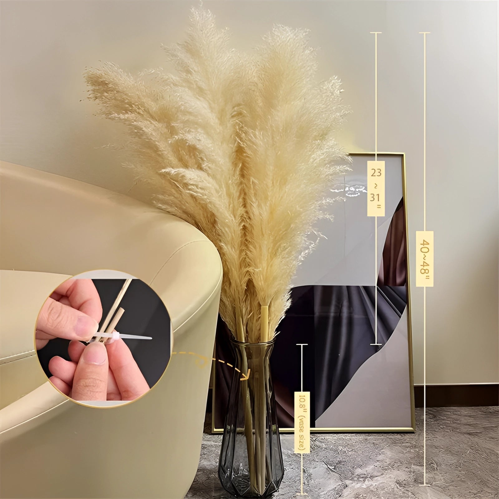 Tall, fluffy pampas grass arranged in a large vase, perfectly complementing a boho chic and rustic home decor setting with wooden flooring and neutral shades.
