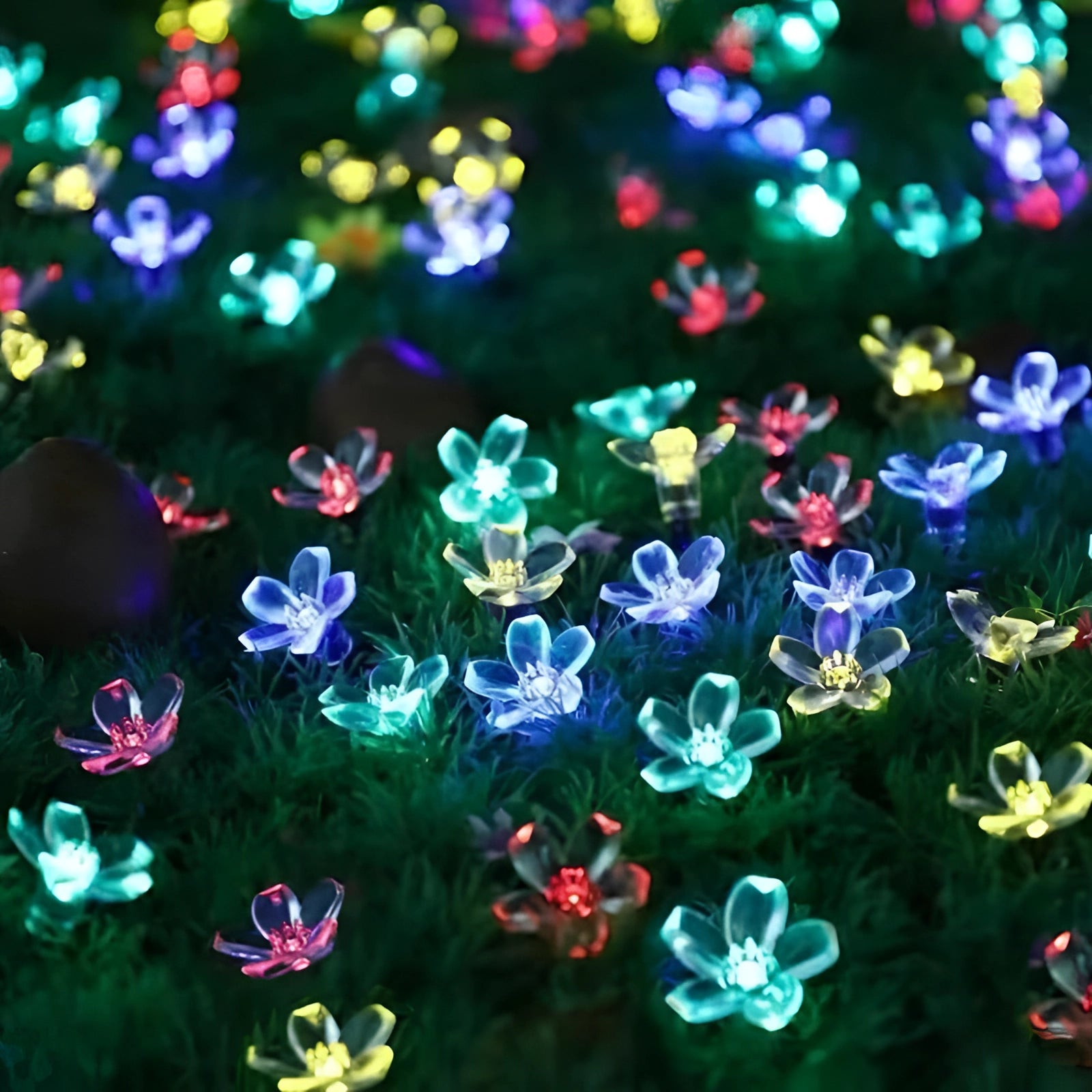 Multicolored LED blossom tree lights with 100 LEDs, measuring 12 meters long, designed for outdoor use. The lights form a decorative pattern, creating a vibrant display suitable for events or garden decoration.