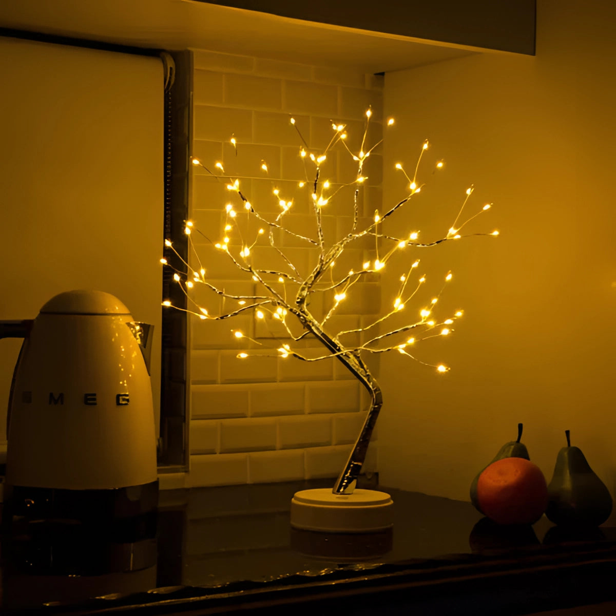 LED bonsai tree light on a tabletop, featuring warm white LEDs shaped like a miniature tree with delicate branches, suitable for interior decoration.