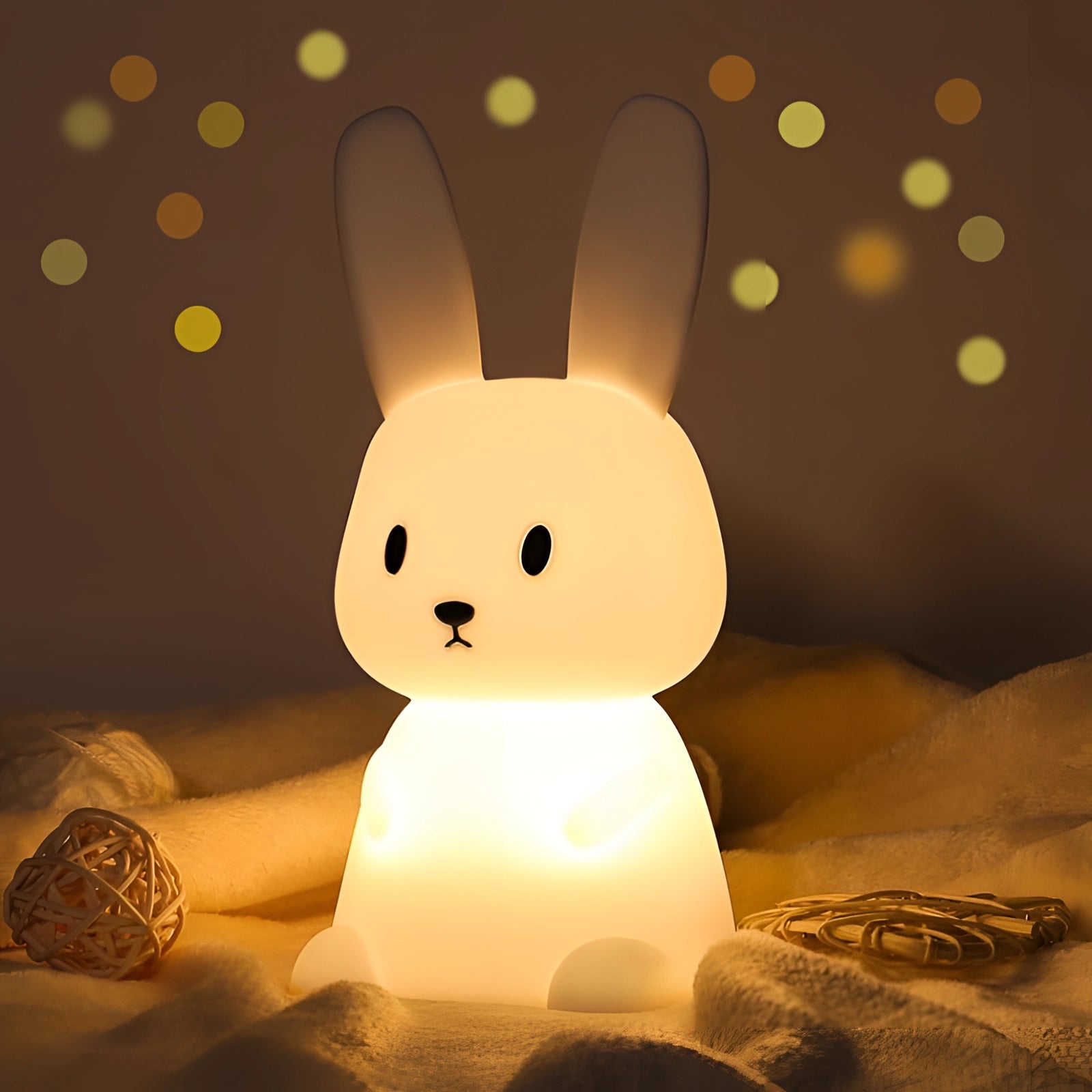 Cute LED bunny night light shaped like a rabbit with soft illumination, designed as a battery-powered lamp perfect for children's rooms or as a decorative toy.