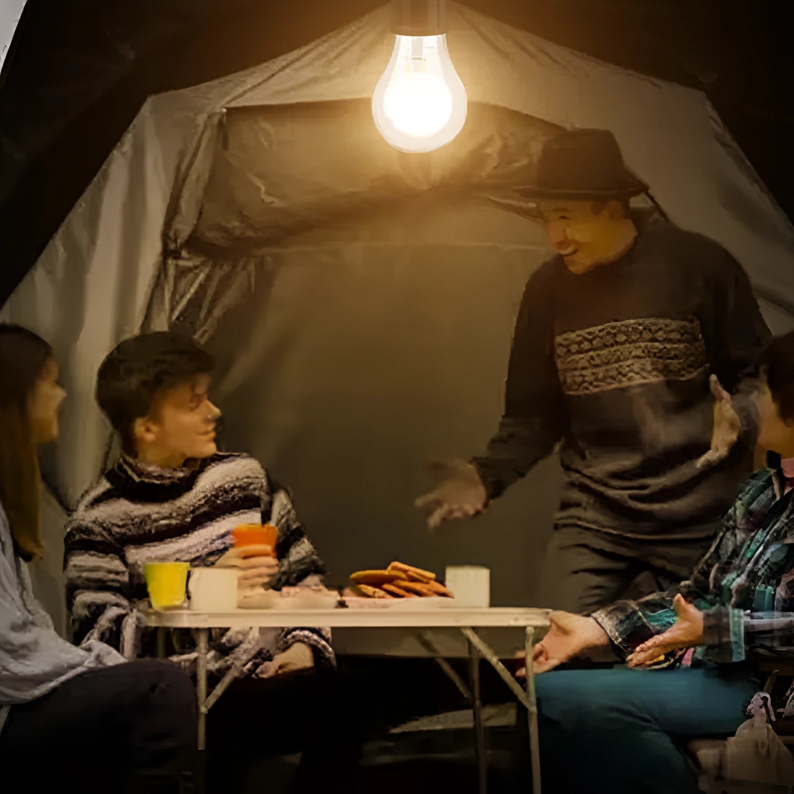 LED camping lantern placed on a table, emitting bright light, suitable for outdoor activities like camping, depicted alongside a tent and other camping gear.
