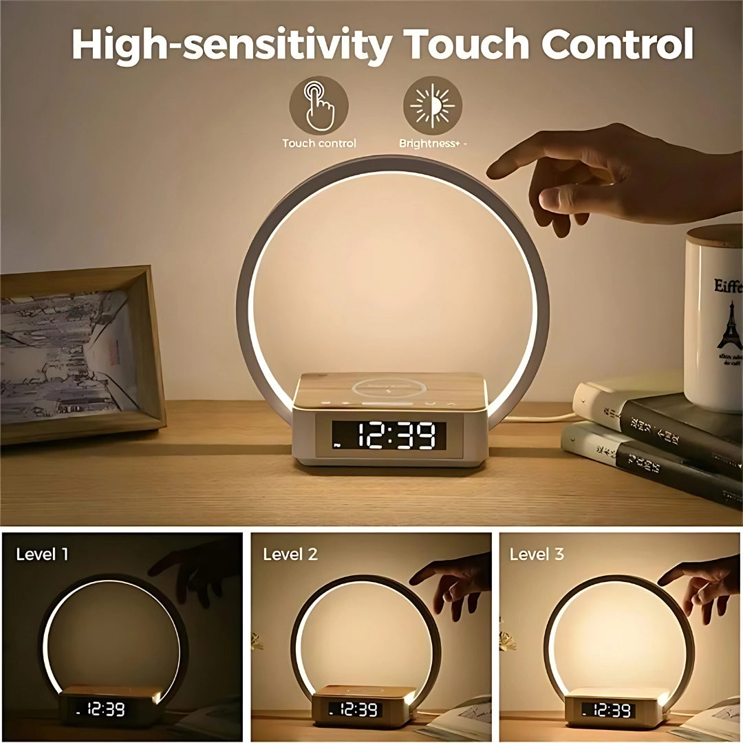 LED circle lamp with a sleek modern design, featuring a digital time display in the center, USB-powered, suitable for desks; the lamp has a metallic circular frame and rectangular base.