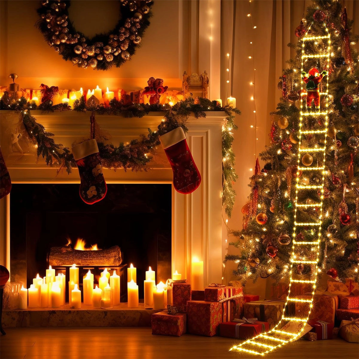 LED Climbing Santa with Festive Garland set against a decorated Christmas tree, featuring glowing lights and holiday ornaments, enhancing the cozy holiday decor ambiance.