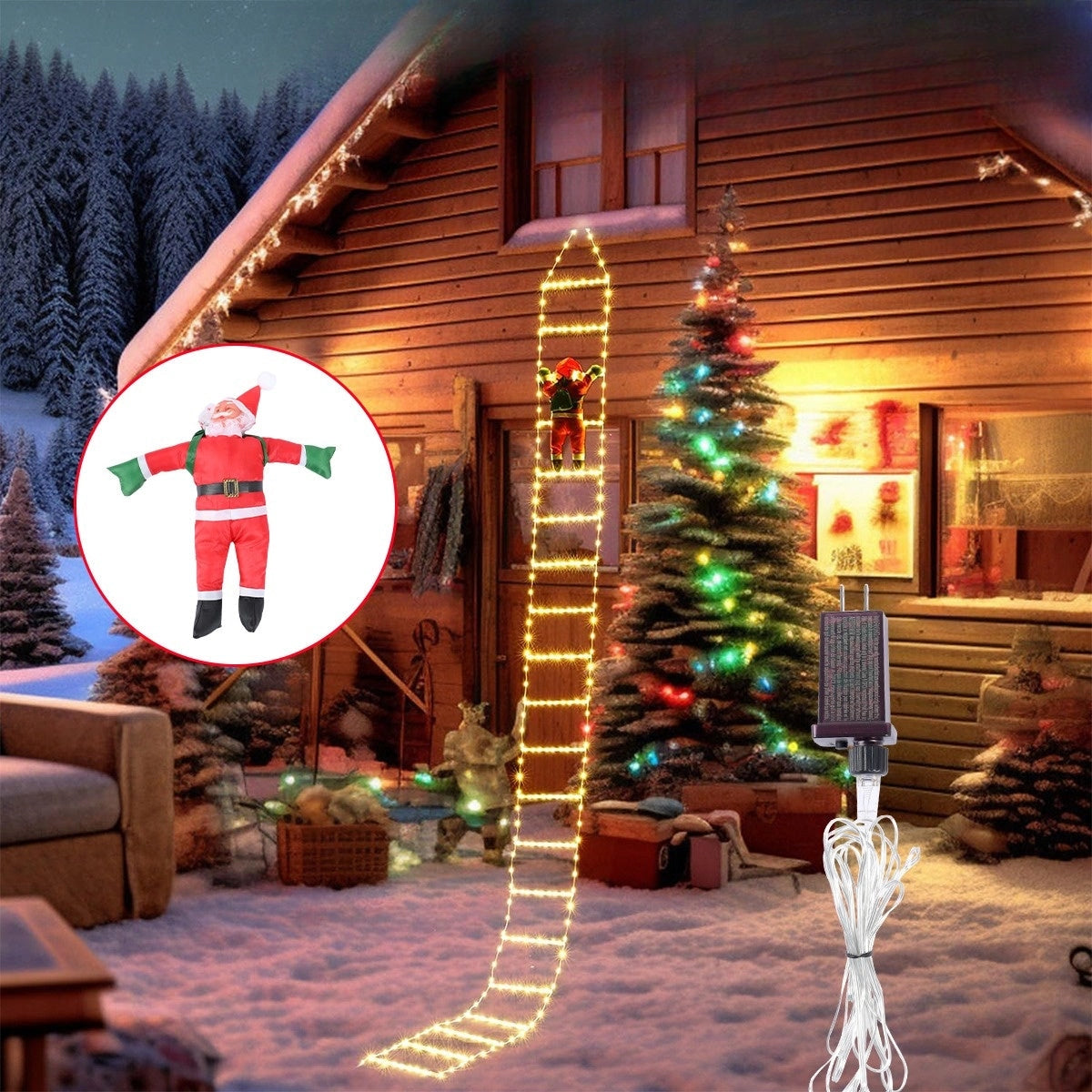 LED Climbing Santa with Festive Garland hanging on a Christmas tree in a cozy holiday setting, surrounded by Christmas ornaments and decorations near a window with a snowy landscape outside.