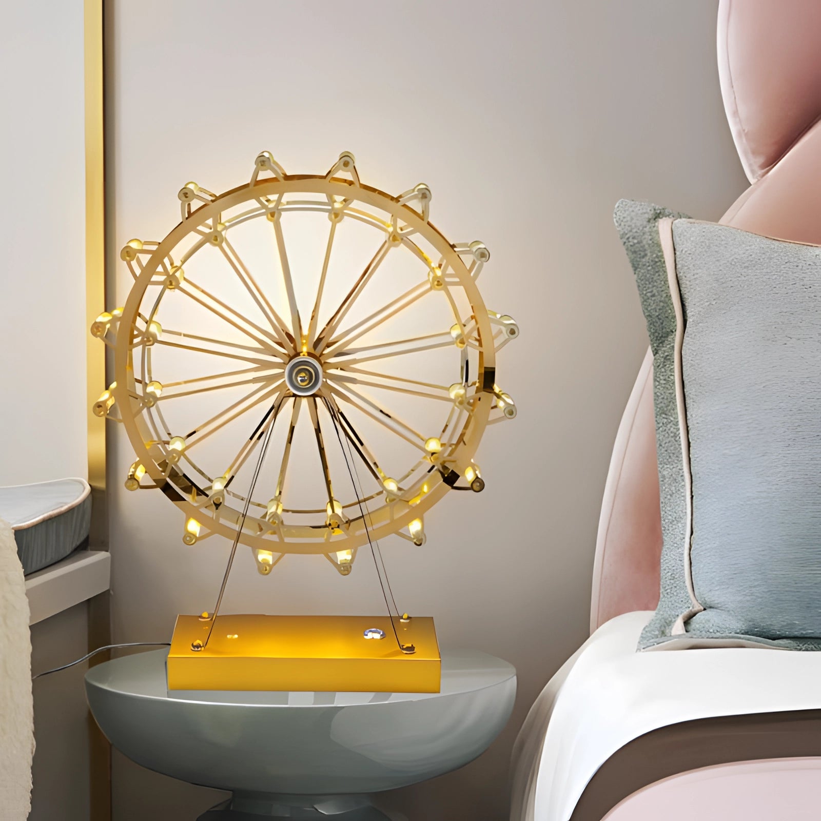 LED Gold Ferris Wheel Table Lamp with a modern design featuring a circular structure and a gold finish, suitable for interior decoration and ambient lighting.