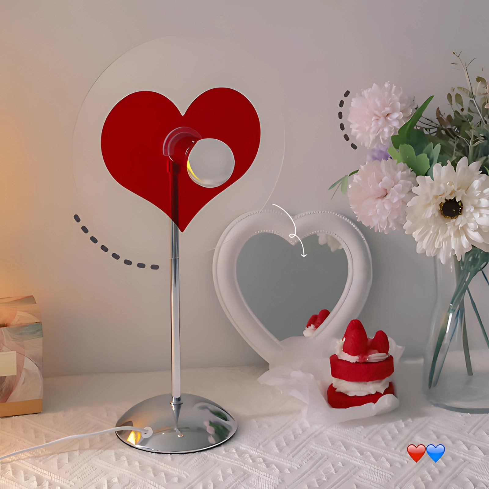 LED heart projector lamp with a romantic red and white theme, surrounded by decorative flowers and petals, perfect for Valentine's Day home decor.